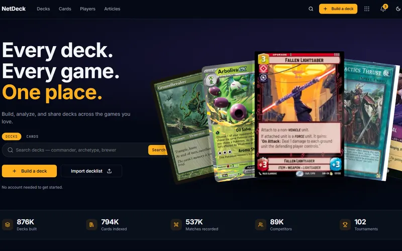 NetDeck home page with deck search and featured cards from several games