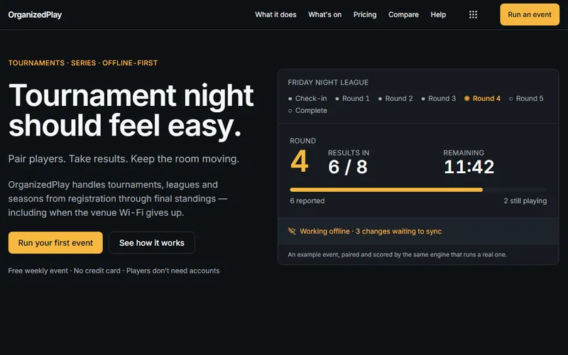 OrganizedPlay home page with an example Friday Night League event in round 4, six of eight results reported