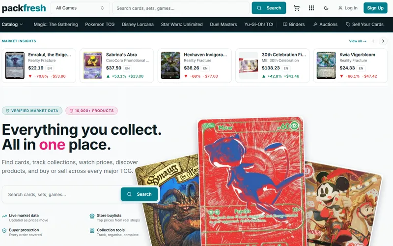 PackFresh marketplace home page with market price insights and card search