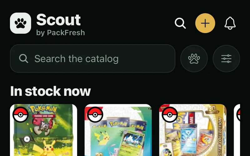 PackFresh Scout mobile app showing Pokémon products in stock now